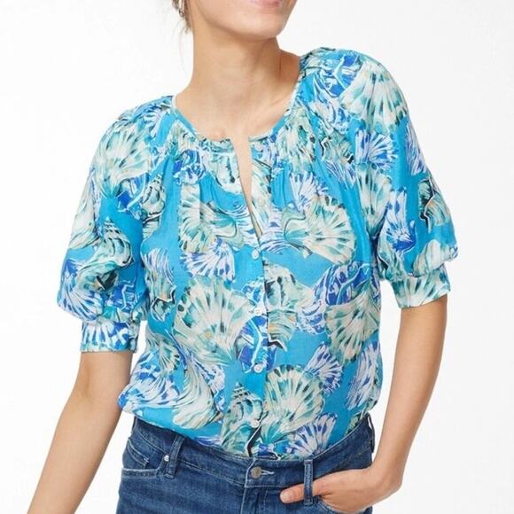 Chico's Shell Print Blouse Size 3 (Womens XL) Poolside Blue Beachy Seashells Top - Picture 1 of 9